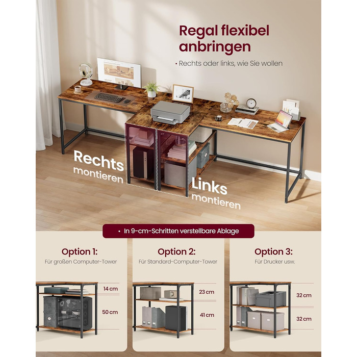 Кутовий стіл VASAGLE L-подібний для дому та офісу, комп'ютерний стіл з полицями, 120 x 80 см, вінтажний коричневий (LWD136KD01)