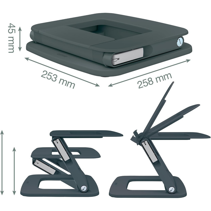Підставка для ноутбука Leitz Ergo, регульована по висоті, для екранів 13'-15', з переробленого пластику, 6 положень висоти та кута, компактна, 100% перероблювана, темно-сіра