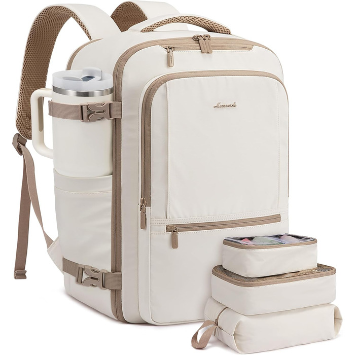 LOVEVOOK Рюкзак для ручної поклажі, 40L, для подорожей, чоловічий/жіночий, для ноутбука 17 дюймів, водонепроникний, рюкзак-валіза, для вихідних, роботи, відпустки, бежевий (бежевий+хакі)