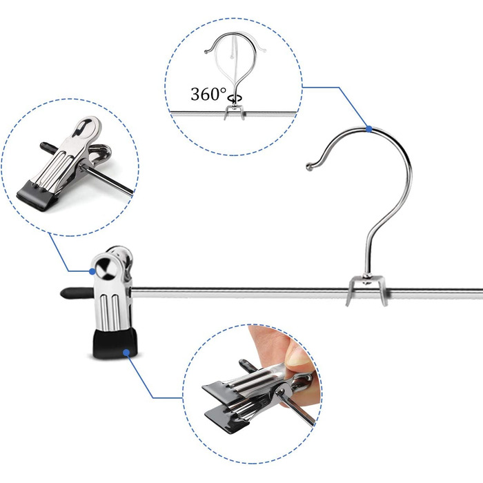 Металевий вішак для брюк, чарівний вішак для пальто, поворотний гачок на 360, регульований затискач, протиковзкий, довжина 30 см, сріблястий, 12 шт.