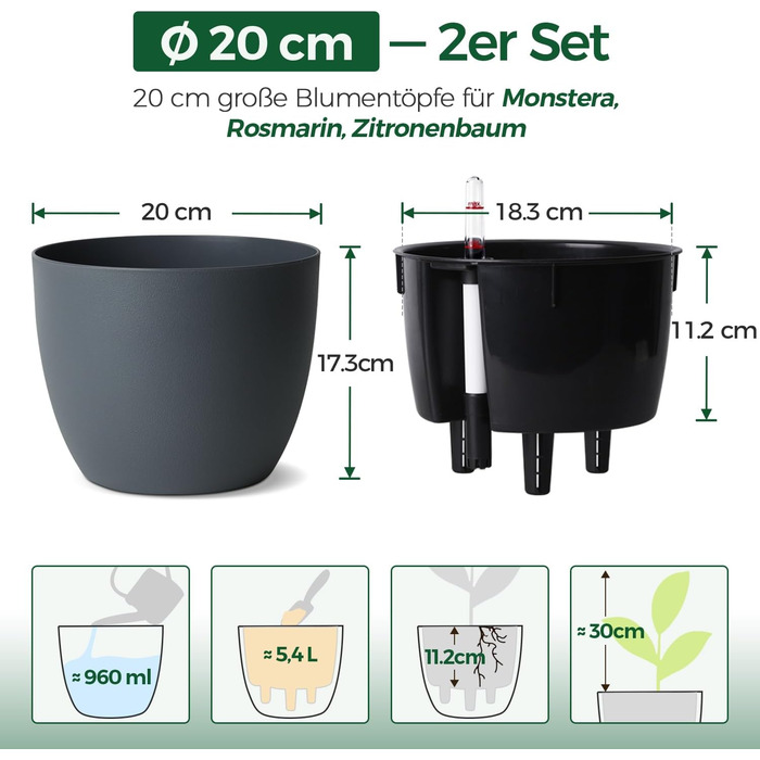 Автополив горщик з індикатором рівня води, 2 шт. - практичний горщик для квітів для зайнятих початківців та садівників, підходить для монстери/розмарину, для дому та саду (сірий, 20 см)