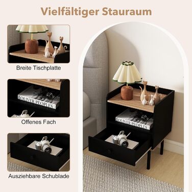 COSTWAY Набір з 2 тумбочок до ліжка, приліжкові столики з шухлядою та відкритою полицею, металеві ніжки, чорний колір, 40,5 x 35 x 56 см