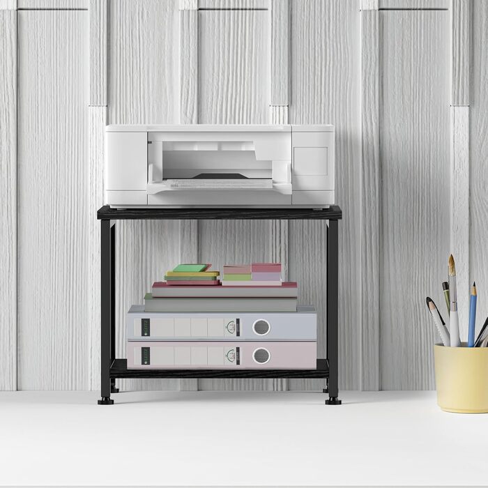 Двоярусний стіл для принтера з роликами, 30x42x37 см, дерев'яний та металевий, мобільний, для офісу та вітальні, чорний