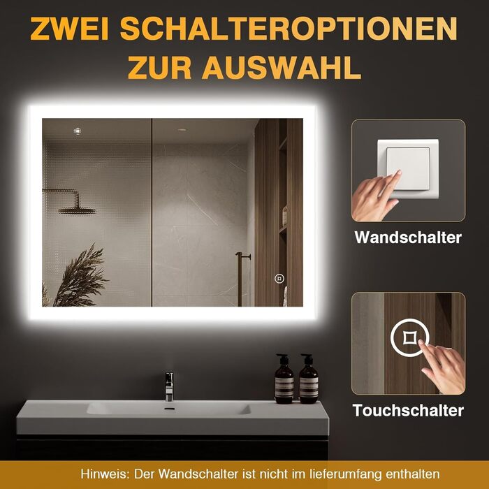 LED дзеркало для ванної кімнати 80x60 см з підсвічуванням, 3 кольори світла, регулювання яскравості, антизапарник, сенсорне керування, пам'ять, IP44, вологостійке, 6500K