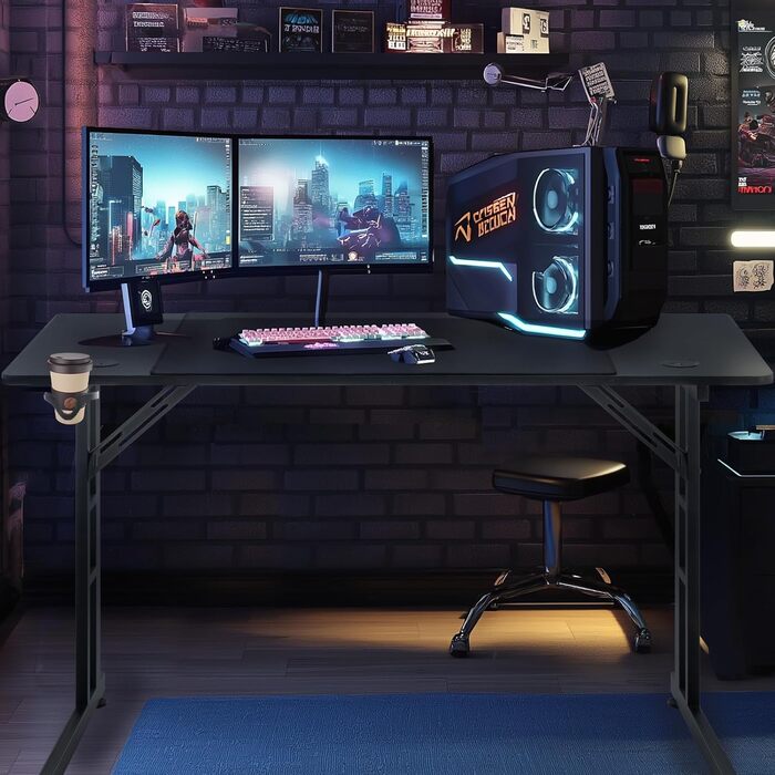 Ігровий стіл 120x60 см з А-подносінням, стіл для комп'ютера з тримачем для напоїв та гачком для навушників, карбонове покриття, стійкий, ергономічний для дому та офісу