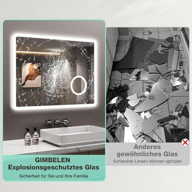 Дзеркало для ванної кімнати GIMBELEN LED з підсвічуванням 80x60 см, прямокутне, сенсорне керування, регульована яскравість, 3 кольори світла, антизапар, для вертикального/горизонтального монтажу