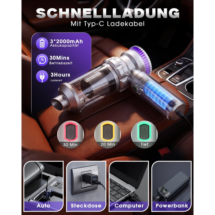 Бездротовий автомобільний пилосос Ortiny 28000Па, ручний міні-пилосос 4 в 1 з безщітковим двигуном та самоочищенням контейнера, для авто, дому та кухні, сріблясто-фіолетовий