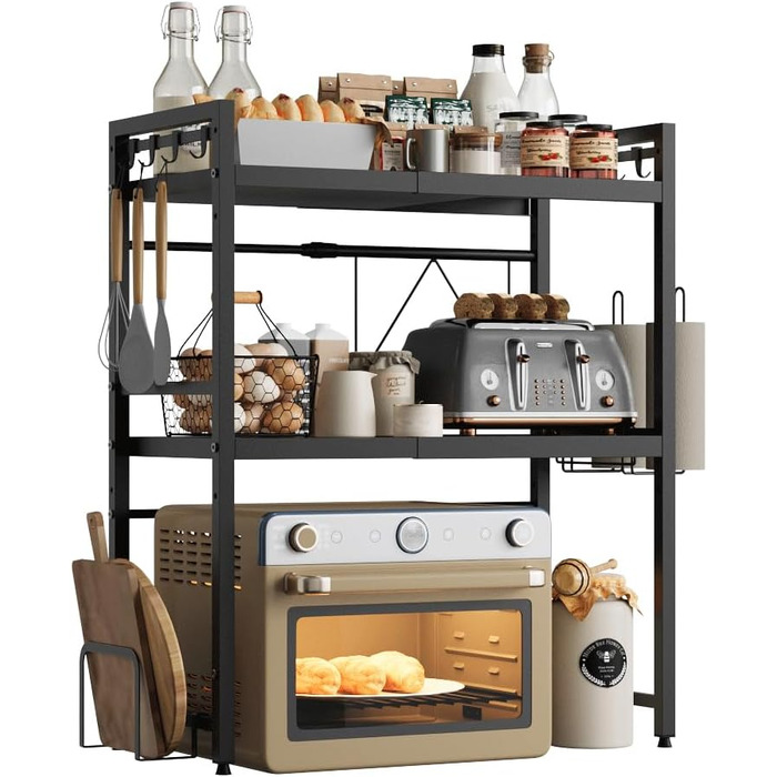 Підставка для мікрохвильової печі NETEL 3-рівнева, кухонна, висувна 40-60см, з кошиками та тримачем для обробної дошки, чорна