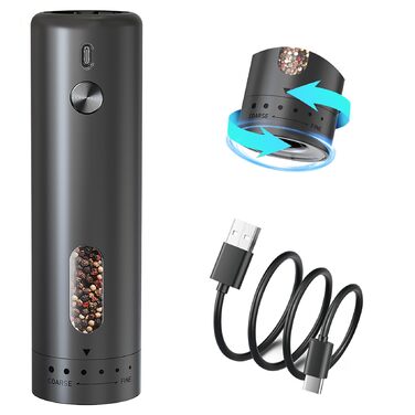 Електричний набір для солі та перцю з зарядною станцією, об'єм 110 мл, перезаряджувана соляна млинка з 5 рівнями, керамічна млинка з щіткою (1 шт, чорний)