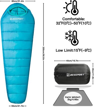 Спальний мішок Bessport -10 - 15 4 Сезони зимовий спальний мішок з мумією водонепроникний спальний мішок для подорожей, кемпінгу, кемпінгу на відкритому повітрі або в приміщенні (10 C - синій)