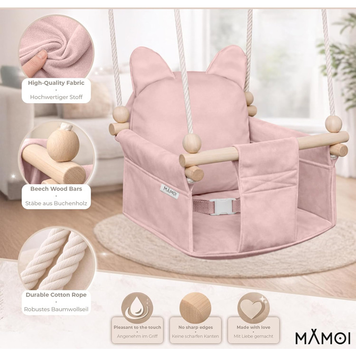Дитяча гойдалка-колиска MAMOI з ременем безпеки, регульована висота 150-190 см, рожева. Гойдалка для дому, міцна конструкція, м'яке сидіння, легкий монтаж