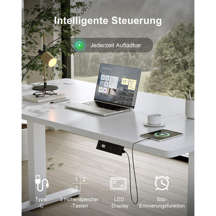 Електричний стіл Devoko 200x80 см з USB-C, білий. Регулювання висоти, комп'ютерний стіл з органайзером для кабелів