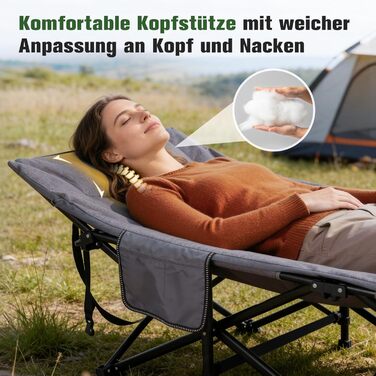 Складане кемпінгове ліжко Sekey з матрацом та бічною кишенею, 190 x 71 x 36 см, поширена шезлонг-ліжка для відпочинку на природі, в саду, на фестивалях та в подорожах