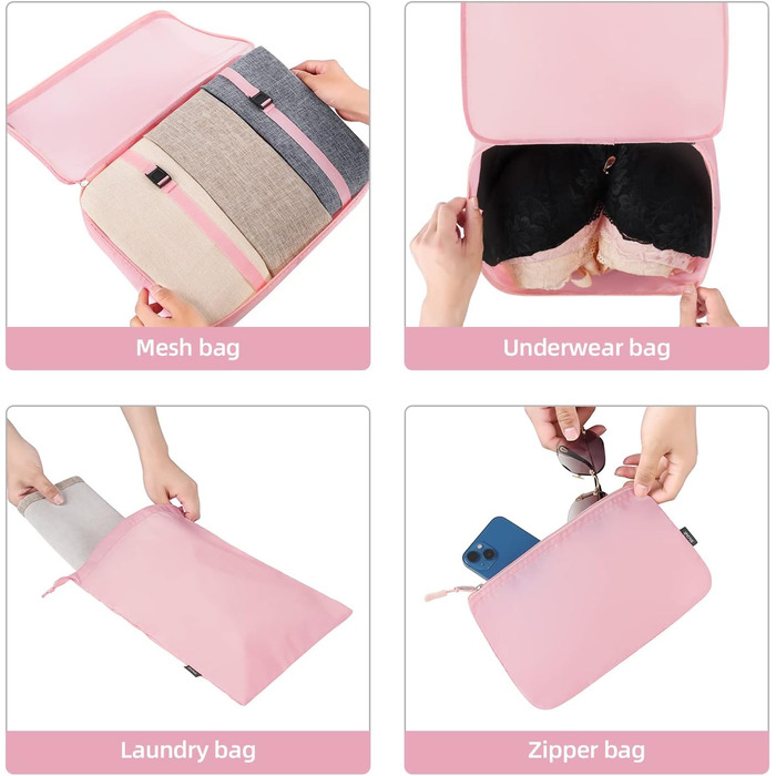 Набір органайзерів для одягу в подорож BAGAIL, 10 шт., компресійні пакувальні куби для валізи та ручної поклажі, рожевий