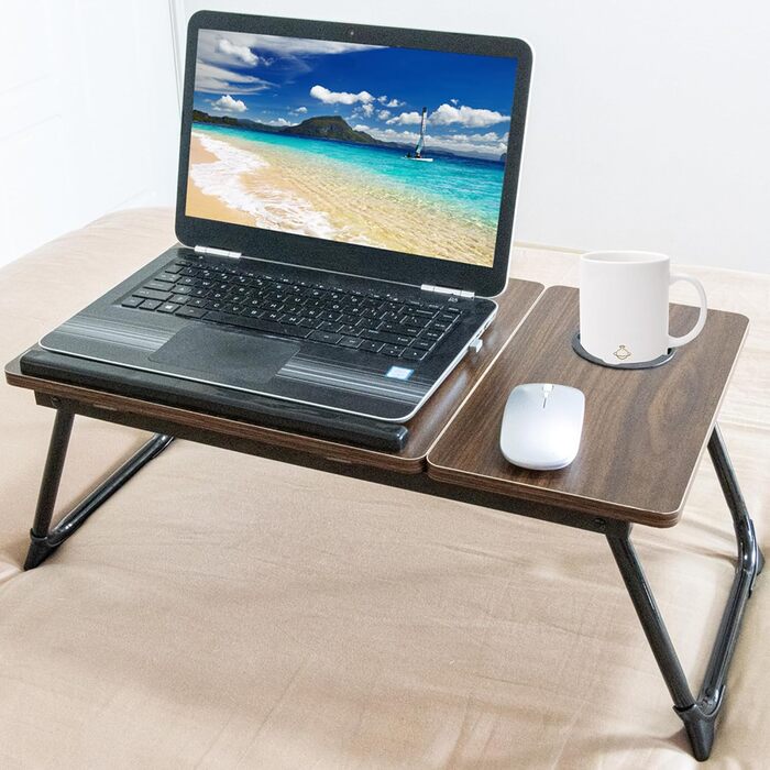 Столик для ноутбука з регульованими ніжками та підстаканником, підставка для читання, піднос для сніданку на диван, ліжко, терасу, балкон (Білий, Коричневий)