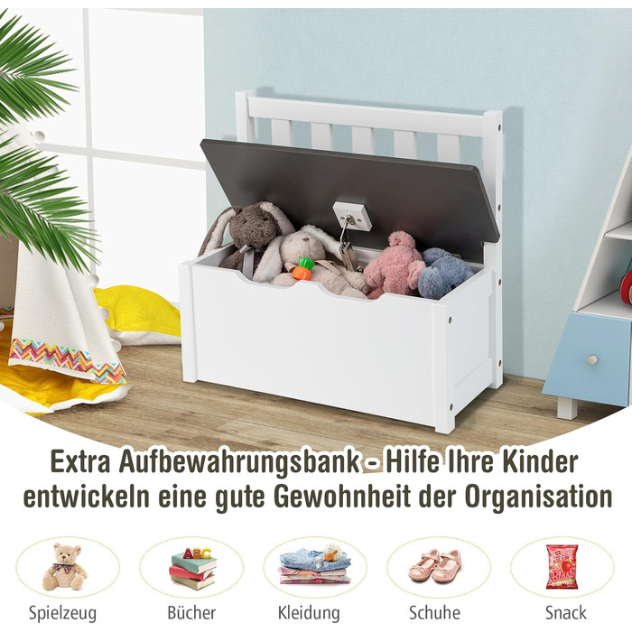 Дитяча меблева група COSTWAY з місцем для зберігання: стіл для малювання та 2 стільці, лавка, FSC-сертифіковане дерево, для дітей від 3 років (сірий)