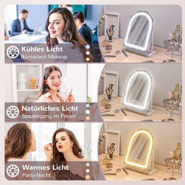 Дзеркало для макіяжу HOMCOM, 33 x 44,5 см, з LED-підсвічуванням, 3 колірні режими, 360° обертання, дзеркало для макіяжу з сенсорним керуванням, металевий каркас, біле | Aosom