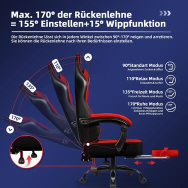 Ігровий крісло, офісне ергономічне крісло з телескопічною підніжкою, з підголівником та підтримкою попереку, регульоване та поворотне, 150 кг, (червоний)