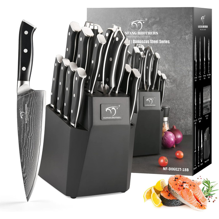 Набір професійних кухонних ножів NANFANG BROTHERS з дамаської сталі, 18 предметів, VG10, 67 шарів, японський кухонний набір, дерев'яний брусок, червоний, чорний