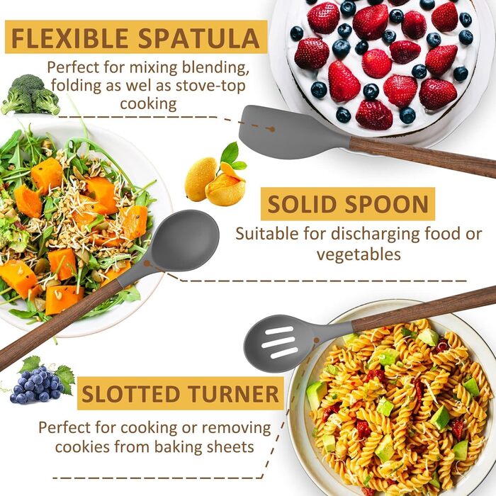 Набір кухонних аксесуарів Kochutensilien, 8 предметів з дерев'яною ручкою, силіконовий, антипригарний, термостійкий (сірий)