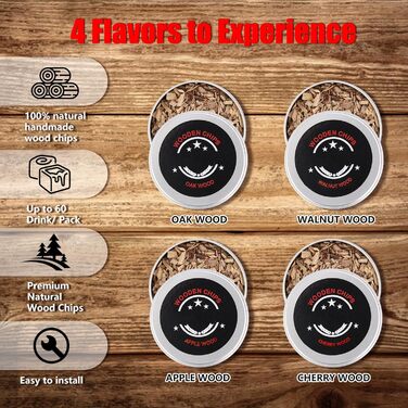 Набір для копчення напоїв Cocktail з 4 смаками, дерев'яні чіпси для віскі, набір для приготування коктейлів, інфузор для бурбону з повторно використовуваними кубиками льоду, круглий чорний