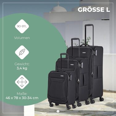 Набір валіз Travelite Chios: L/M/S, чорний, м'яка оболонка, ручна поклажа, IATA
