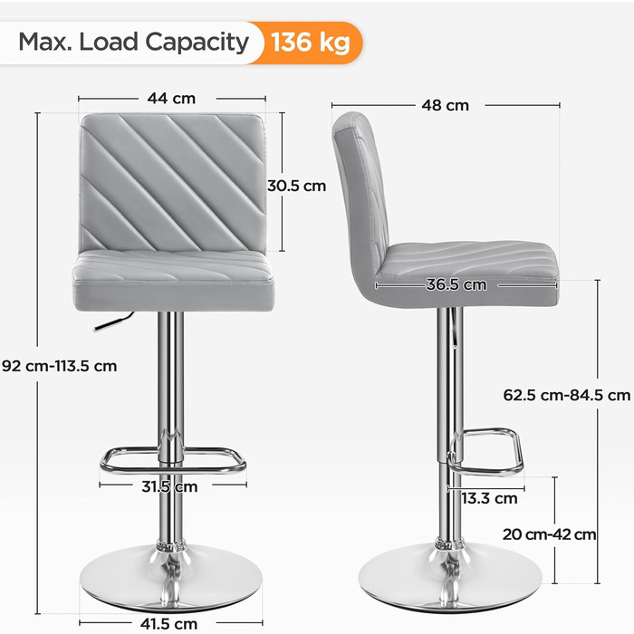 Набір барних стільців Yaheetech Імітація шкіри, поворотний, до 136 кг, світло-сірий, для кухні/бару/салону