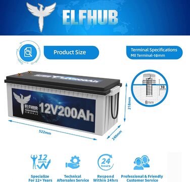 Акумуляторна батарея Elfstroke 12V 200Ah LiFePO4 з вбудованим Bluetooth 200A BMS, літієвою батареєю глибокого циклу 2560 Втгод, 4000 циклів, ідеально підходить для автофургону, сонячного причепа, човна та кемпінгу 12V 200Ah з Bluetooth