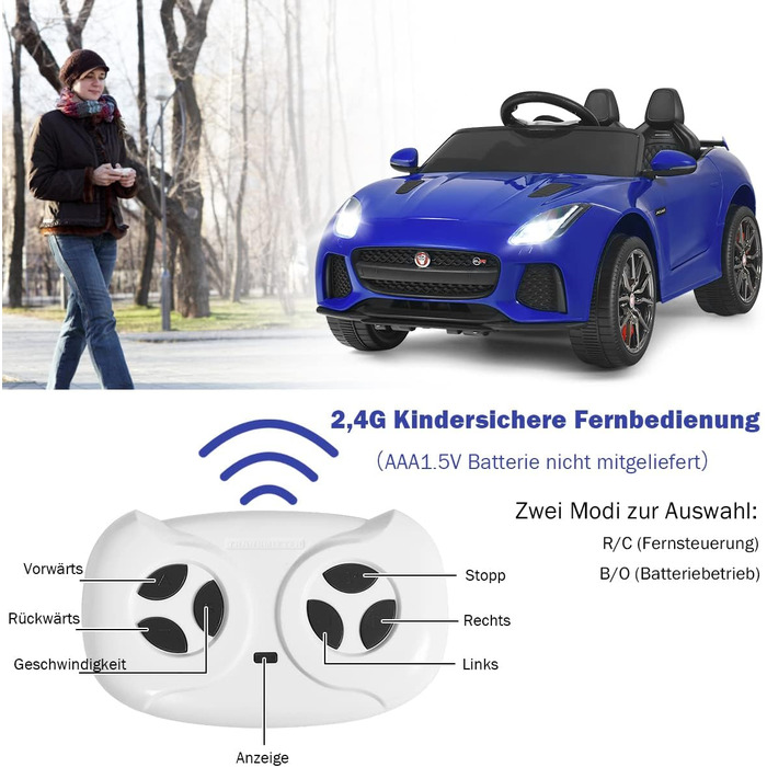 Електромобіль для дітей COSTWAY Jaguar, 12V, з музикою, історіями, сигналом та фарами, з дистанційним керуванням, швидкість 3-5 км/год, для дітей від 3 років, синій
