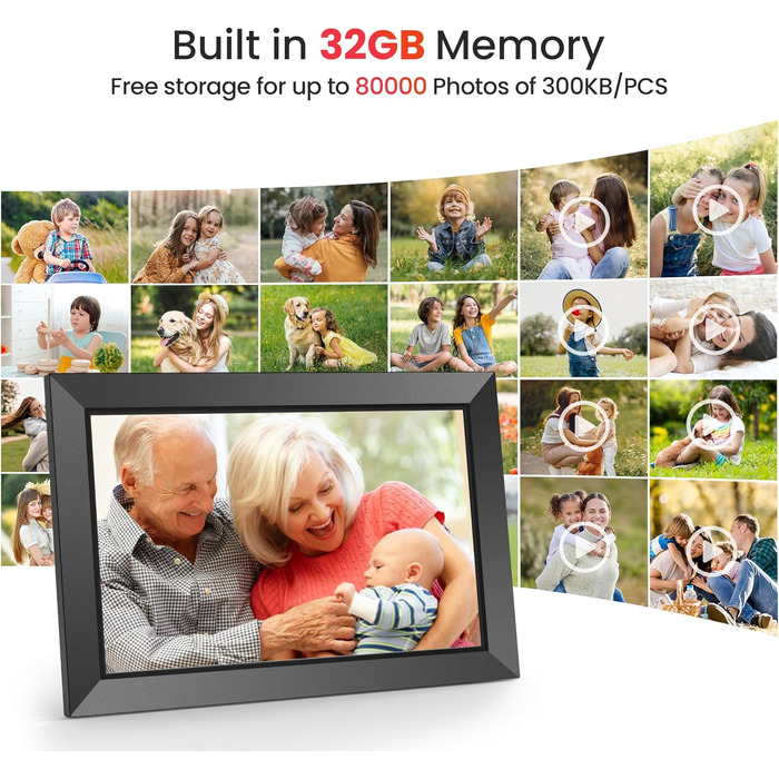 FRAMEO Цифровий фотоальбом 10.1 дюйма з Wi-Fi, IPS сенсорний екран, 32GB пам'яті, автоповорот, чорний