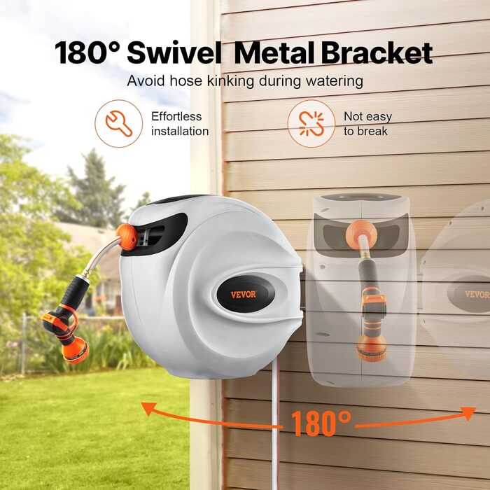 Збірний барабан для шланга VEVOR 12 мм x 40 м з кріпленням на стіну, автоматичний зворотний відбій, поворотна кріплення 180° та насадка з 9 шаблонами