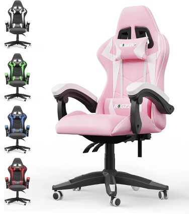 Ігровий крісло Bigzzia Ergonomiczne - ігровий сідло з подушкою для попереку та підголівником, 90-135° спинка, ігровий стілець для ПК, геймерський стілець для дорослих, дівчаток та хлопців, рожево-білий