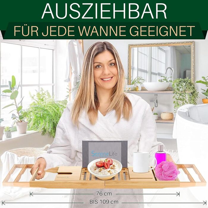 Поличка для ванни SereneLife з бамбука – висувна з подарунковою коробкою, антиковзаюча, для книг, вина, снеків та догляду за собою