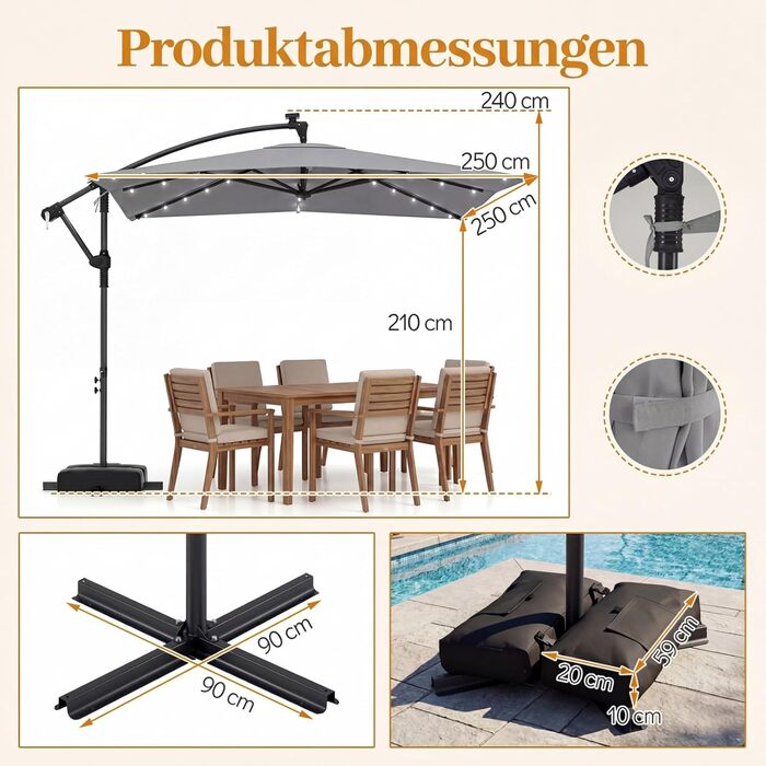 Садова парасоля від COSTWAY 250 см, квадратна з LED-підсвіткою, стійкою та ручним приводом, захист від UV, бежевий