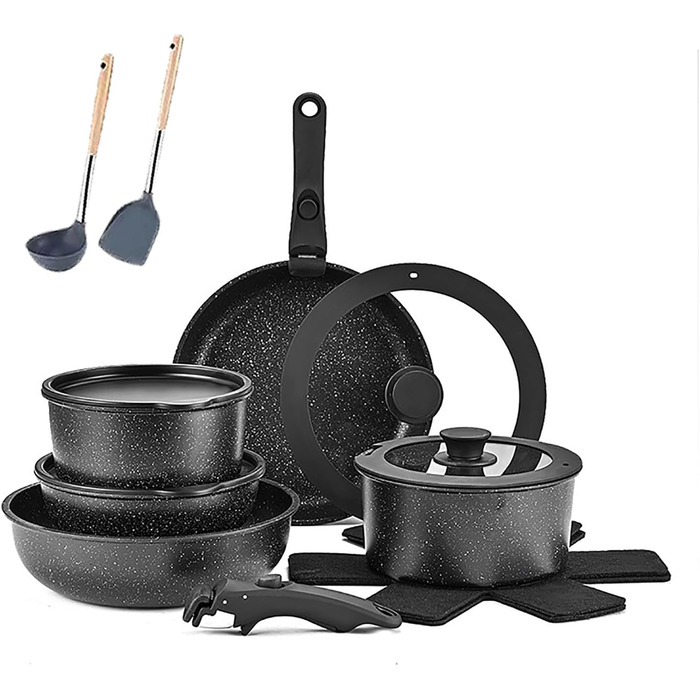Набір каструль 17 предметів з знімними ручками: посуд для приготування їжі, набір каструль для індукційних плит, антипригарне покриття, підходить для всіх типів плит, придатний для миття в посудомийній машині (молочно-білий) (чорний)