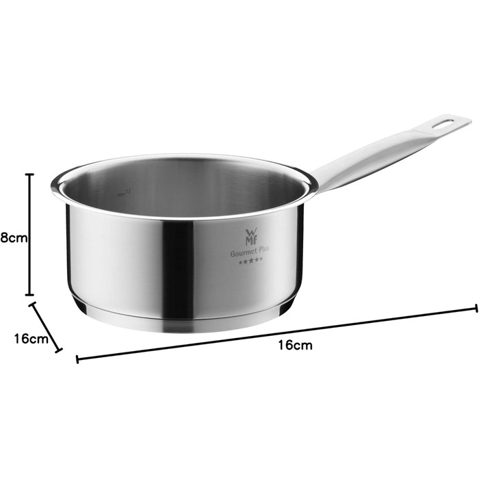 Каструля WMF Gourmet Plus 16 см без кришки, 1,4 л, з нержавіючої сталі Cromargan, з мітками об'єму