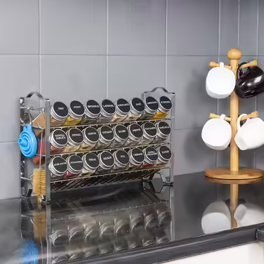 Металевий органайзер для спецій Deco haus, 3-рівнева полиця з 24 скляними баночками, етикетками, пензликом і лійкою, для кухні, настільний і настінний, хром