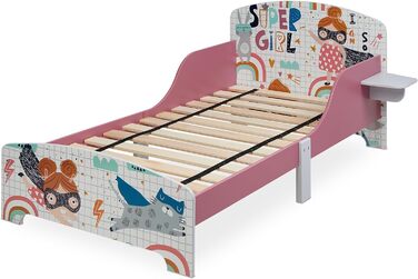 Дитяче ліжко Relaxdays, HBD 60 x 94 x 143 см, дитяче ліжко з полицею, захист від випадання, рейковий каркас, супергероїня, МДФ, барвистий