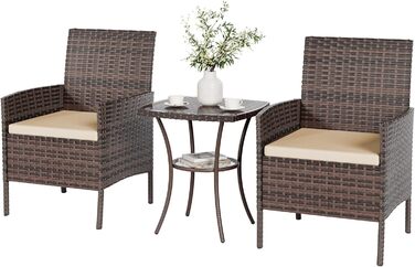 Набір меблів для саду UDPATIO Lounge: стіл та 2 стільці з поліротангу для балкона/тераси (колір: коричневий, 3-х частинний)