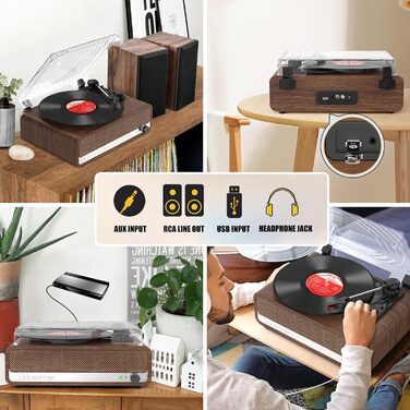 Вініловий програвач Udreamer з Bluetooth, динаміками, підтримкою USB, AUX, навушників, RCA, 3 швидкості, ремінний привід, дзеркальний дизайн, горіх