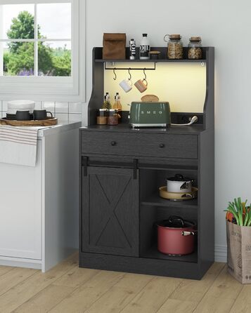 Чорний буфет-шафа з LED-підсвіткою, великою шухлядою та регульованими полицями для кухні, вітальні, їдальні