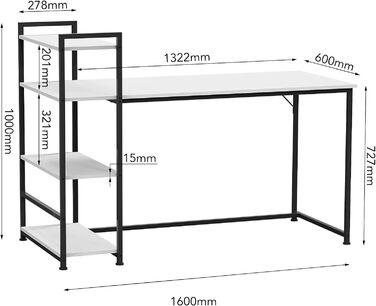 Стаціонарний стіл, Стаціонарний стіл, Комп'ютерний стіл з книжковою шафою, Стіл для ПК для домашнього офісу з 4-рівневими полицями для зберігання, Стіл з книжковою шафою (Білий) 160 x 60 x 100 см Білий, 5 160x60x100