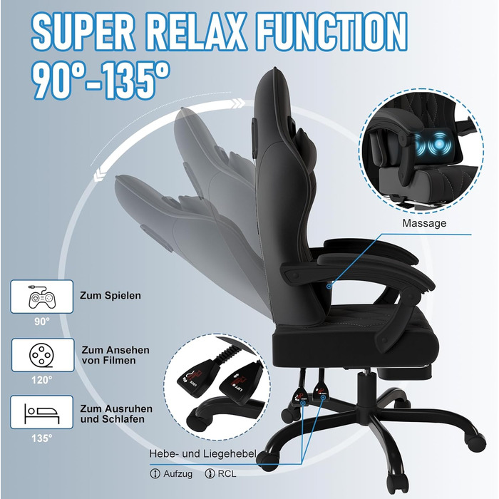 Ігровий крісло JUMMICO з тканини та підлокітниками з піною, ергономічний офісний крісло з масажером. Крісло має підголівник, підставку для ніг, регулювання висоти. Максимальне навантаження: 150 кг, чорний колір