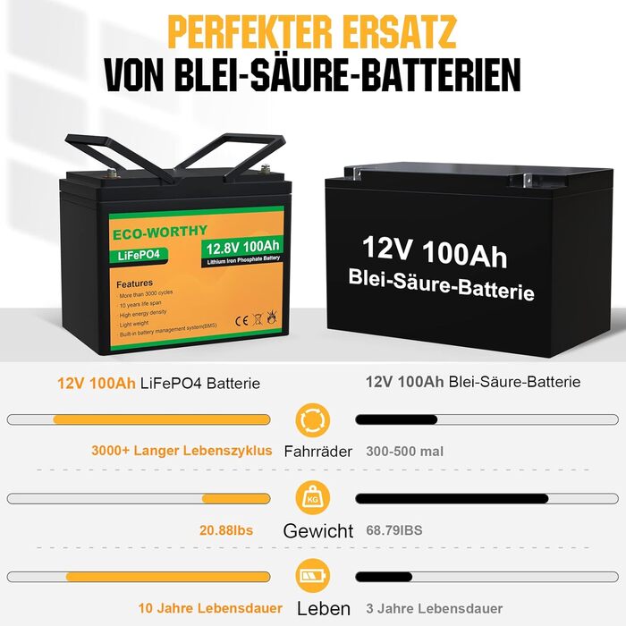 Акумуляторна батарея ECO-WORTH 12,8 В 100 Ач LiFePO4 із зарядним пристроєм 5 А, захистом BMS, 3000 циклів для сонячної батареї, автофургону, човна