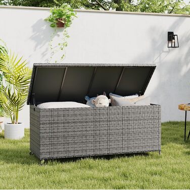 Скриня для подушок садових Polyrattan Amopatio 480л, водонепроникна, з роликами та газліфтом, сіра