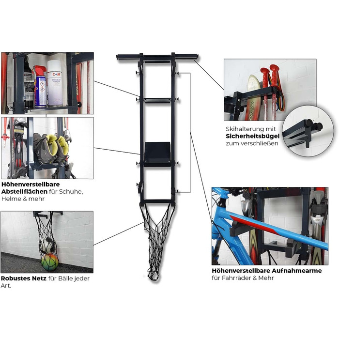 Настінний гараж для велосипеда преміум-класу Torado з кріпленнями для лиж Настінна підвіска для велосипеда Тримач підставки Органайзер для кріплення для велосипеда (антрацит)