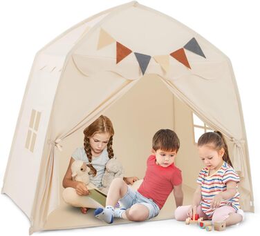 Дитяче намет-ігровий будиночок HOMASIS з 20 зірками, 12 вінцями, килимком, 2 вікнами та шторою. Ідеальний для хлопчиків та дівчаток. Намет-палатка для дитячої кімнати (Бежевий)