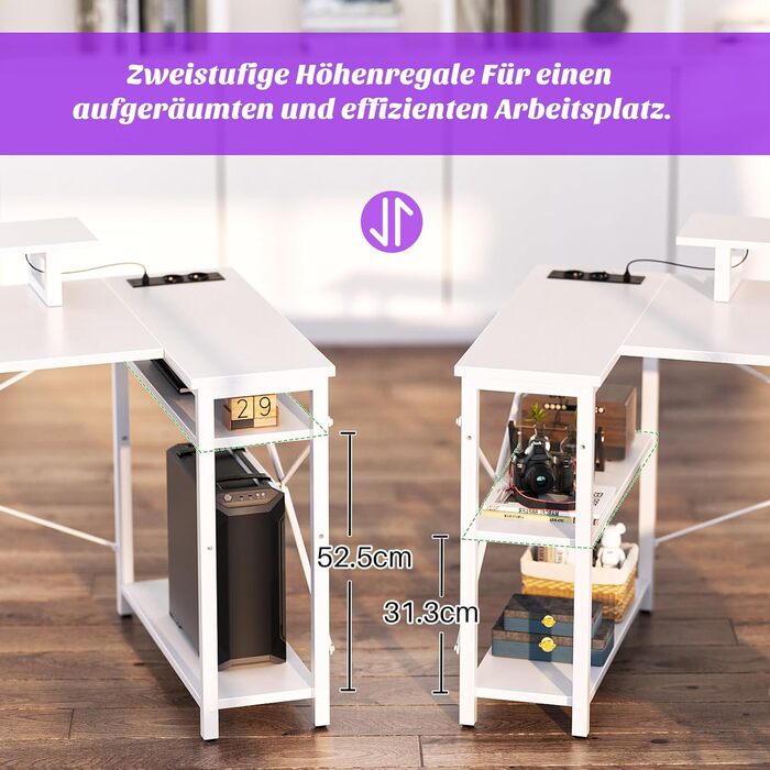 Ігровий кутовий стіл L-подібної форми з LED-підсвічуванням та розетками, 120x70 см, колір дуб (білий)