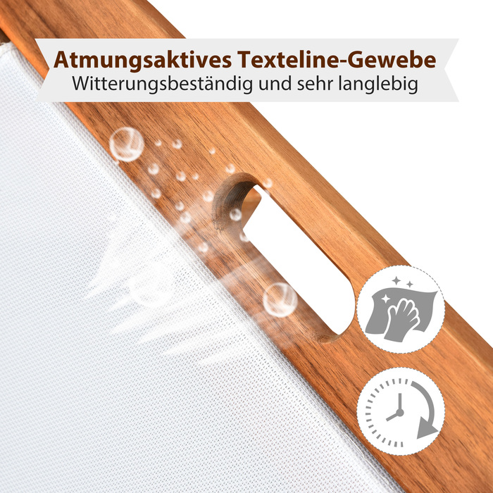 Шезлонг для відпочинку садовий, регульований, з акації, текстиль, натуральний + білий, 198 x 55 x 30-88,5 см