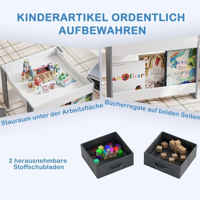 Детский стол со стульями COSTWAY 3 в 1: деревянный стол для рисования с ящиком и 2 стульями, для детей от 3 лет (Серый, Комбинированный)